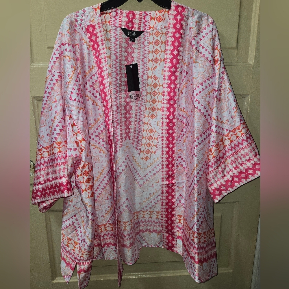 Slim Factor By Investments Plus Mosaic Tile Open Front Short Sleeve Kimono NWT